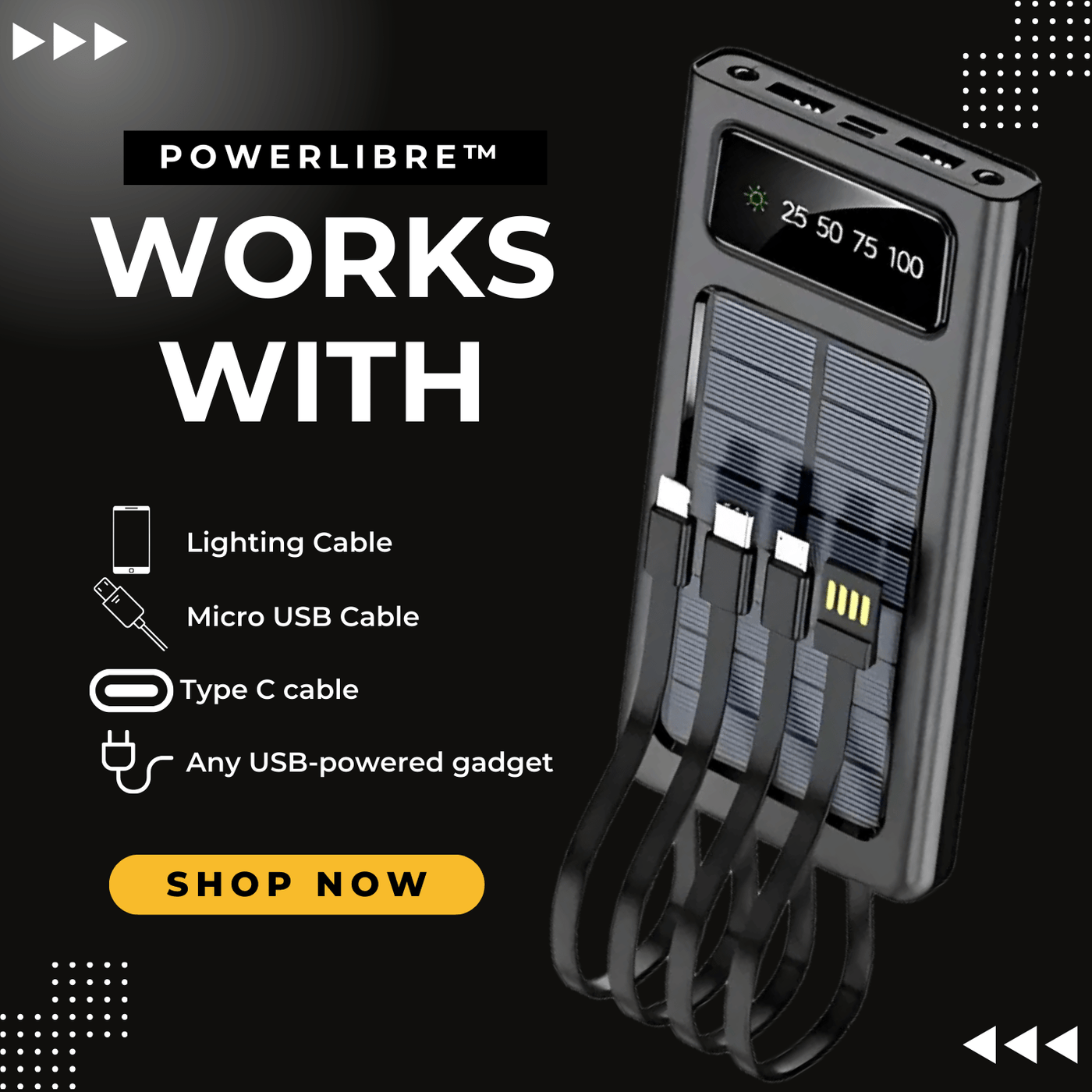 PowerLibre solar power bank, Showcase which devices work with it