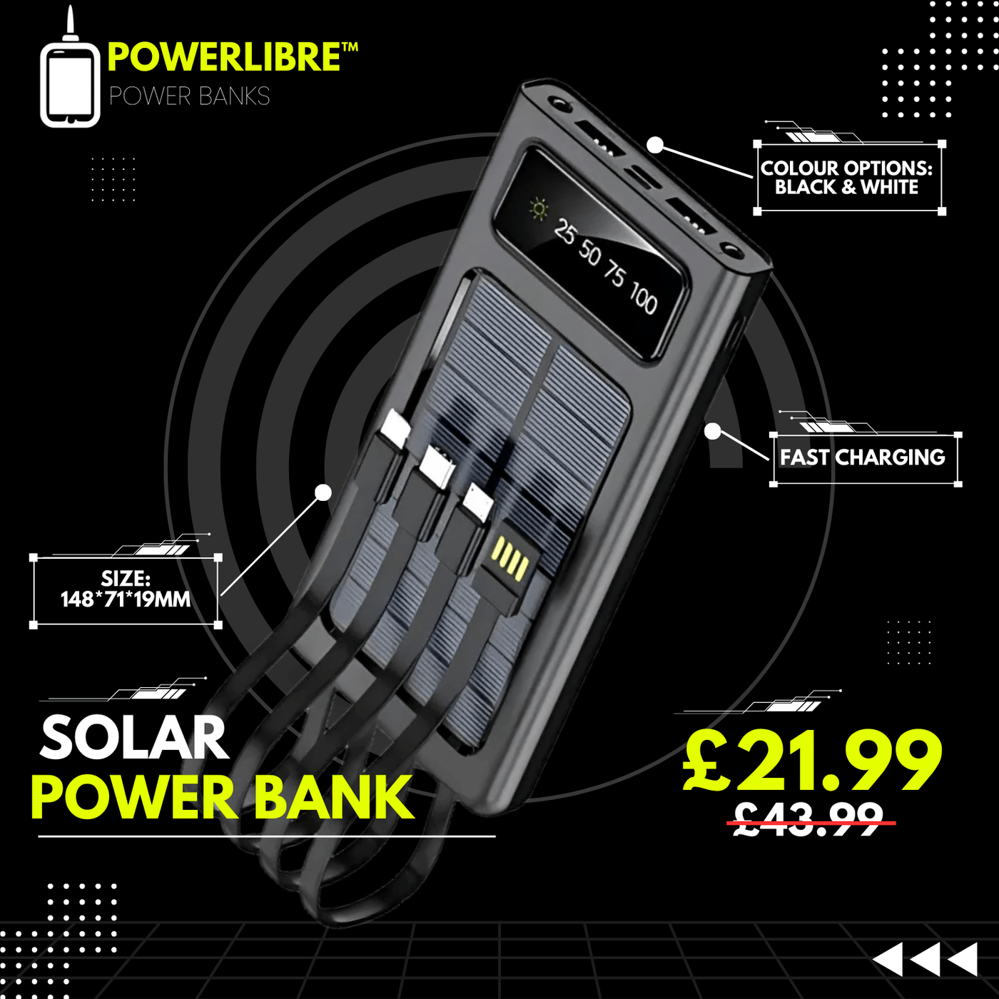 PowerLibre solar power bank, showcase key info 