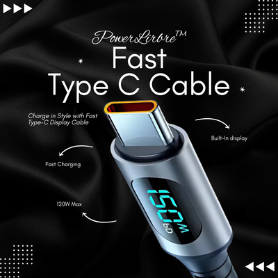 PowerLibre™ Fast type c charger that is usb c charger - just a close up of the display of the charger and three main facts about the charger.